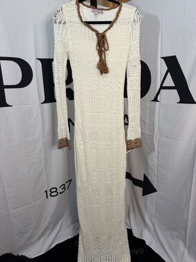 Calypso St. Barth Women's Maxi Dress Cream Size XS Crochet Knit Boho Tassel Slit